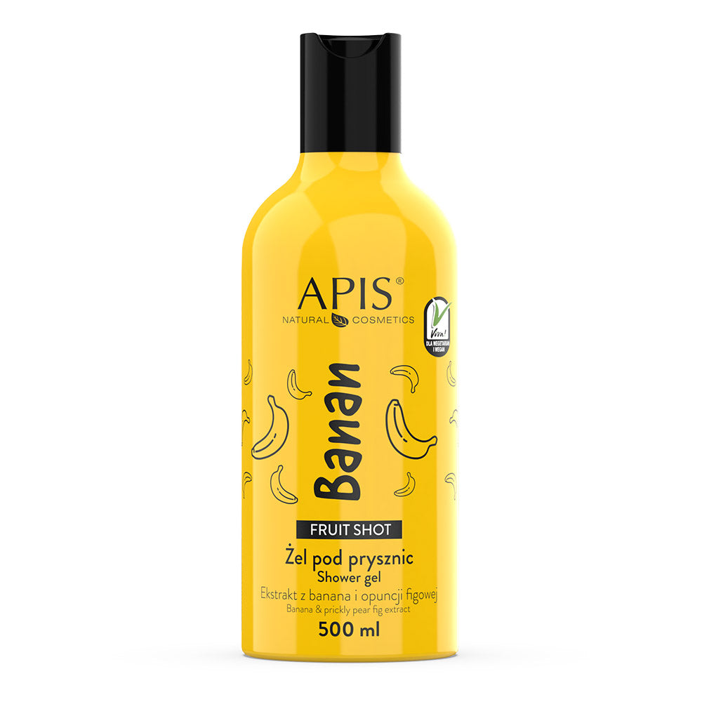 Yellow bottle of Apis Natural Cosmetics shower gel with banana design on a white background