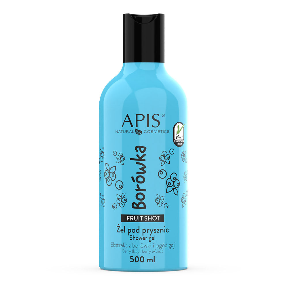 Blue bottle of APIS Borówka shower gel on a white background