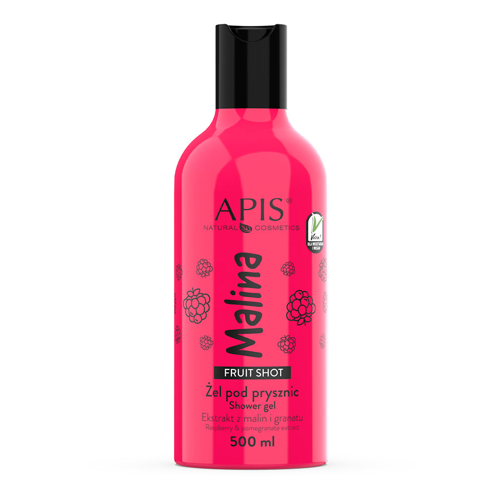 Pink bottle of APIS Malina shower gel on a white background