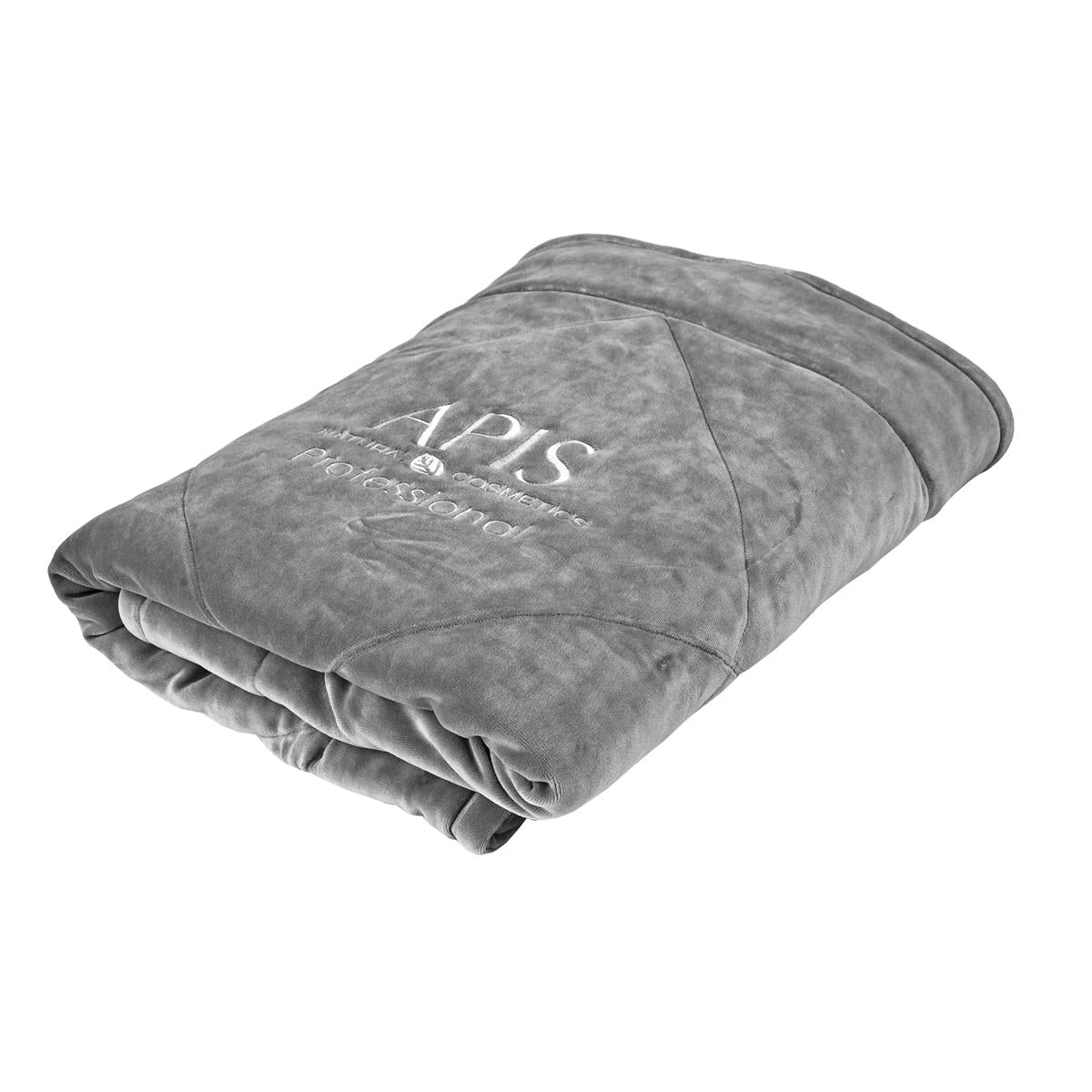 Folded gray blanket with &
