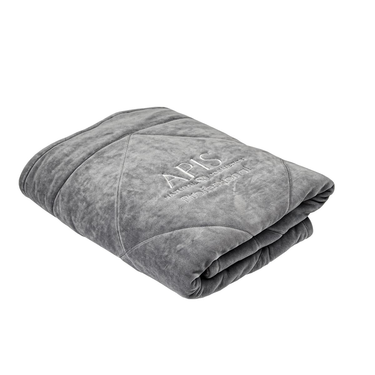Folded gray blanket with &
