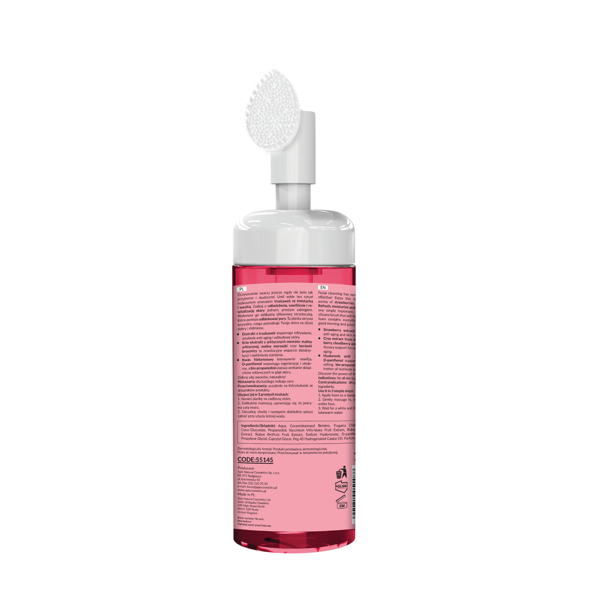 Back view of Apis Strawberry Facial Cleansing Foam 150ml bottle