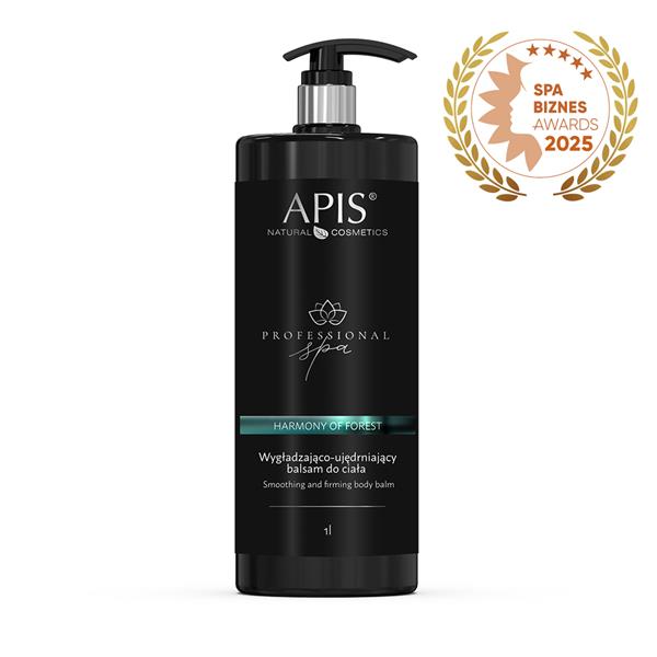 Black bottle of Apis Natural Cosmetics body balm with a gold award badge on a white background