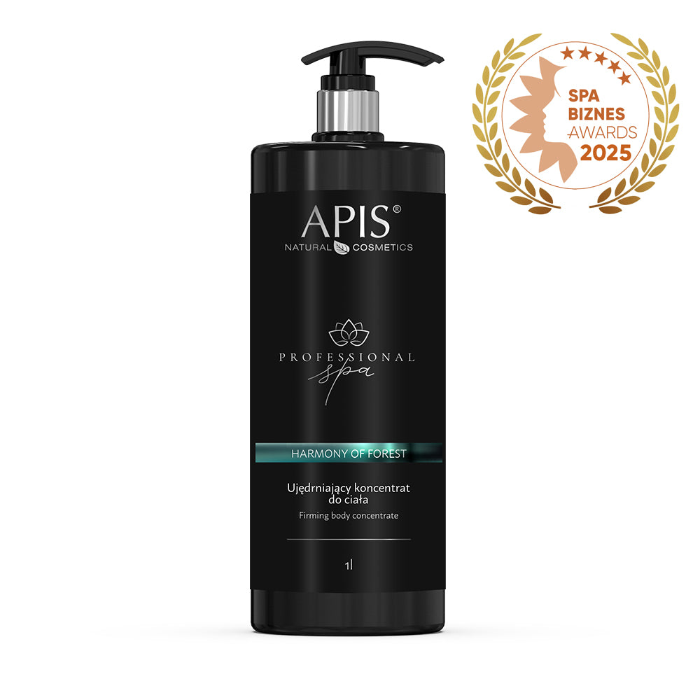 Black bottle of Apis Natural Cosmetics professional spa product with a gold award badge on a white background