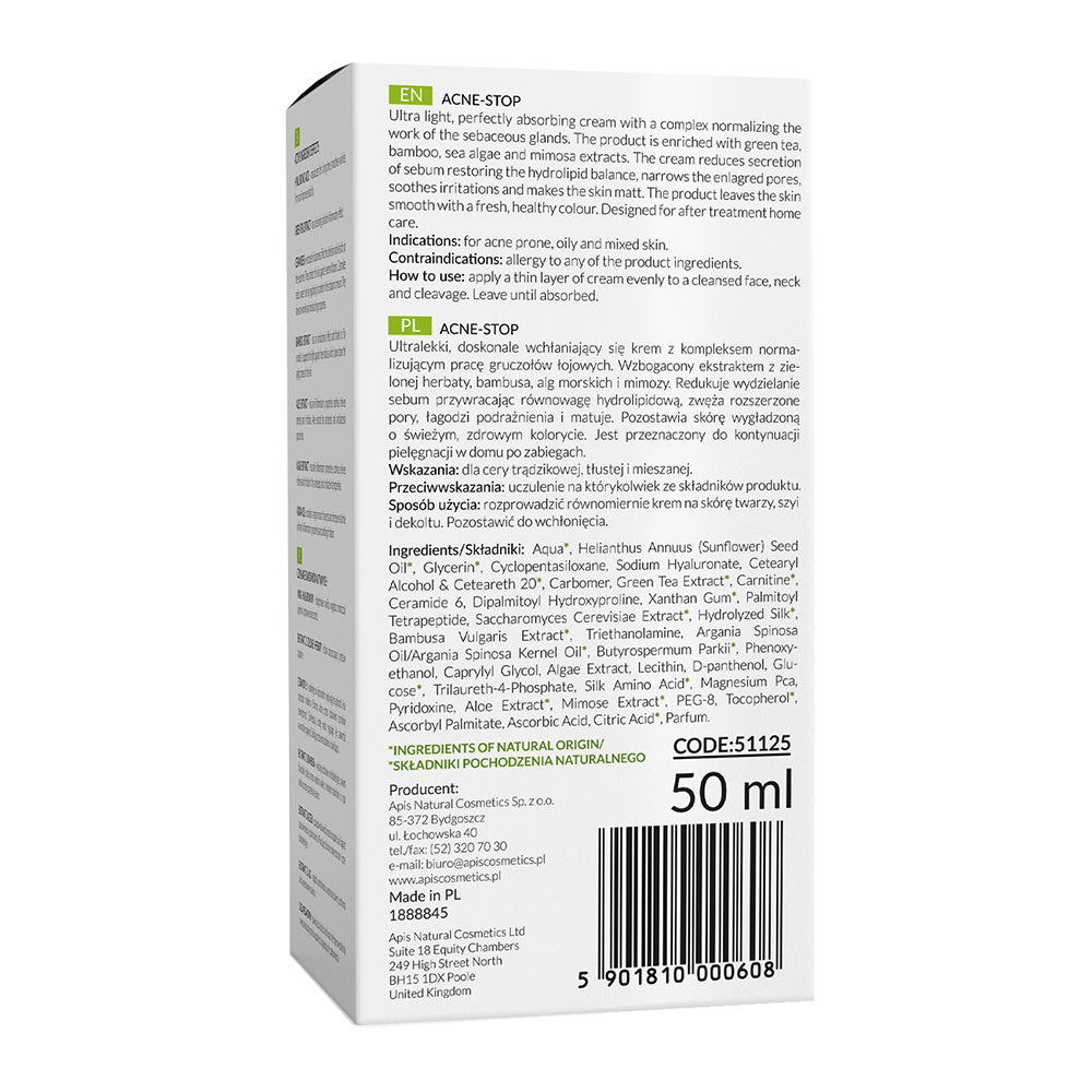 Back view of Apis Acne-Stop Cream with Green Tea 50ml packaging
