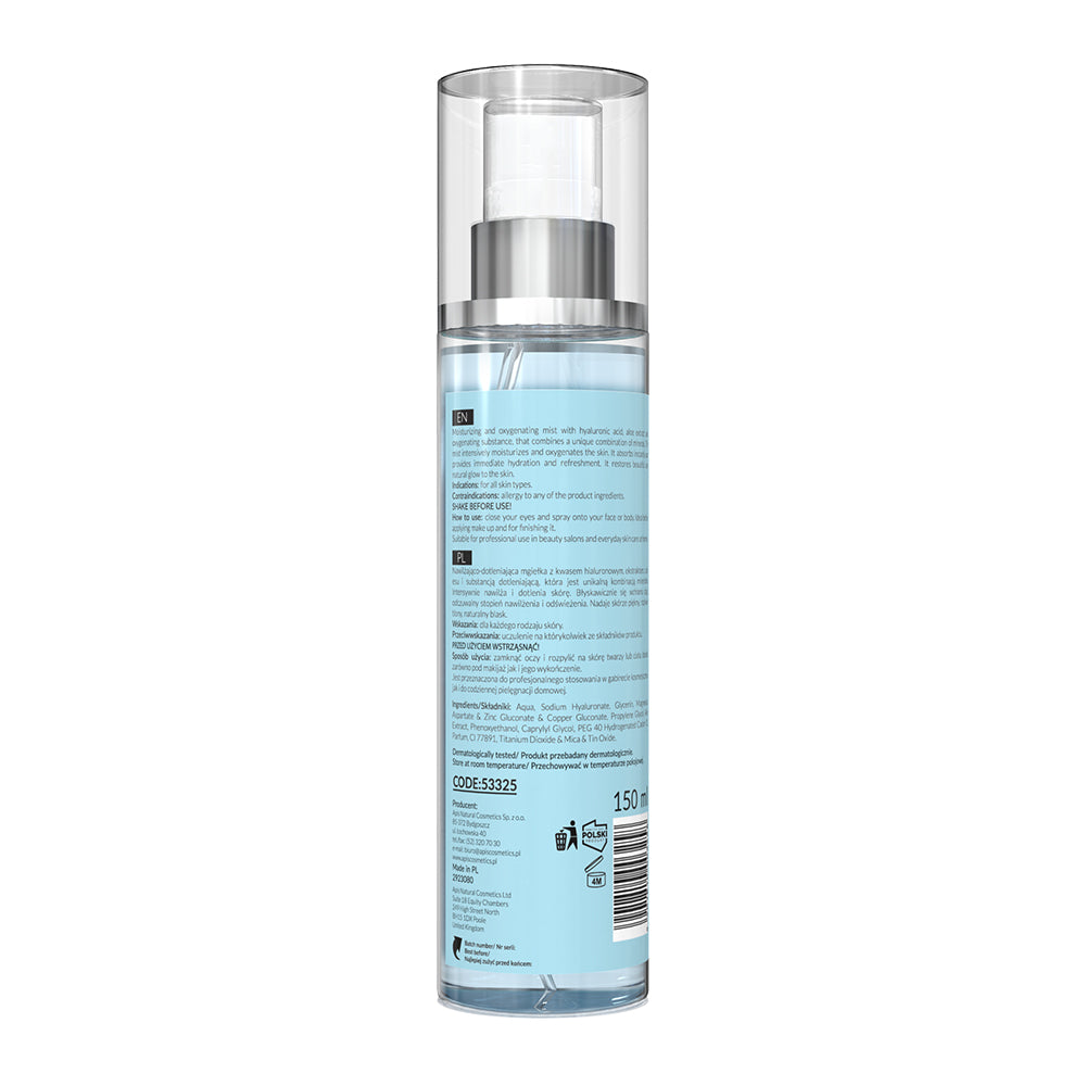 Skincare bottle with blue liquid and silver cap on a white background