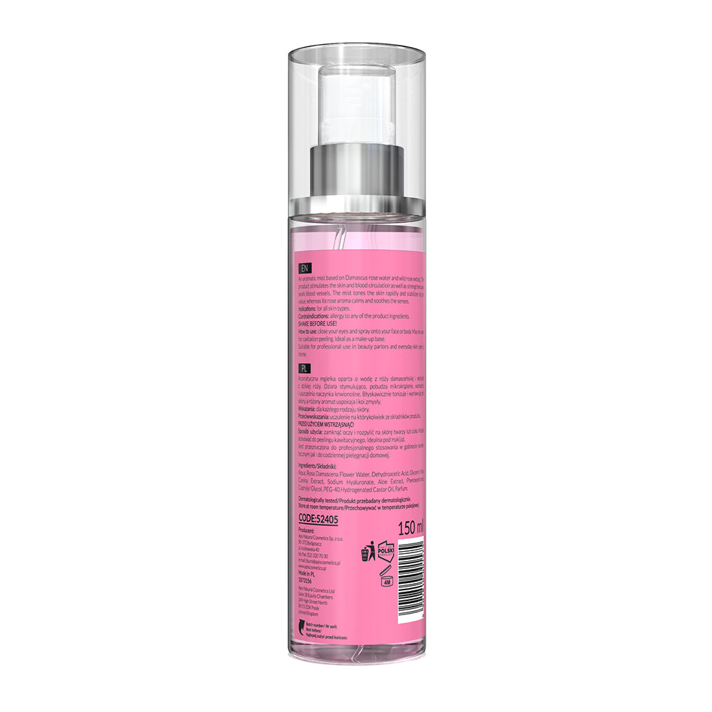 Skincare bottle with pink label and silver cap on a white background