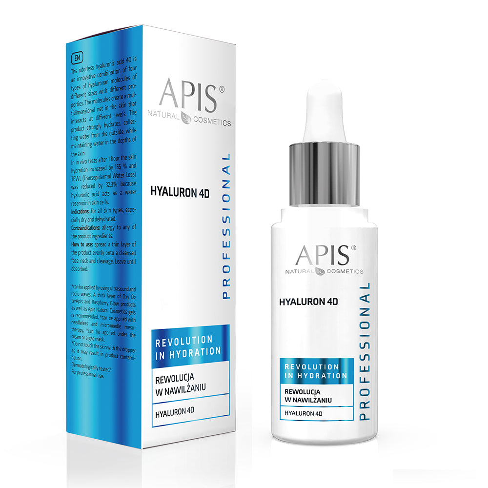 Packaging and bottle of Apis Hyaluron 4D Concentrate serum, with product information on the box.
