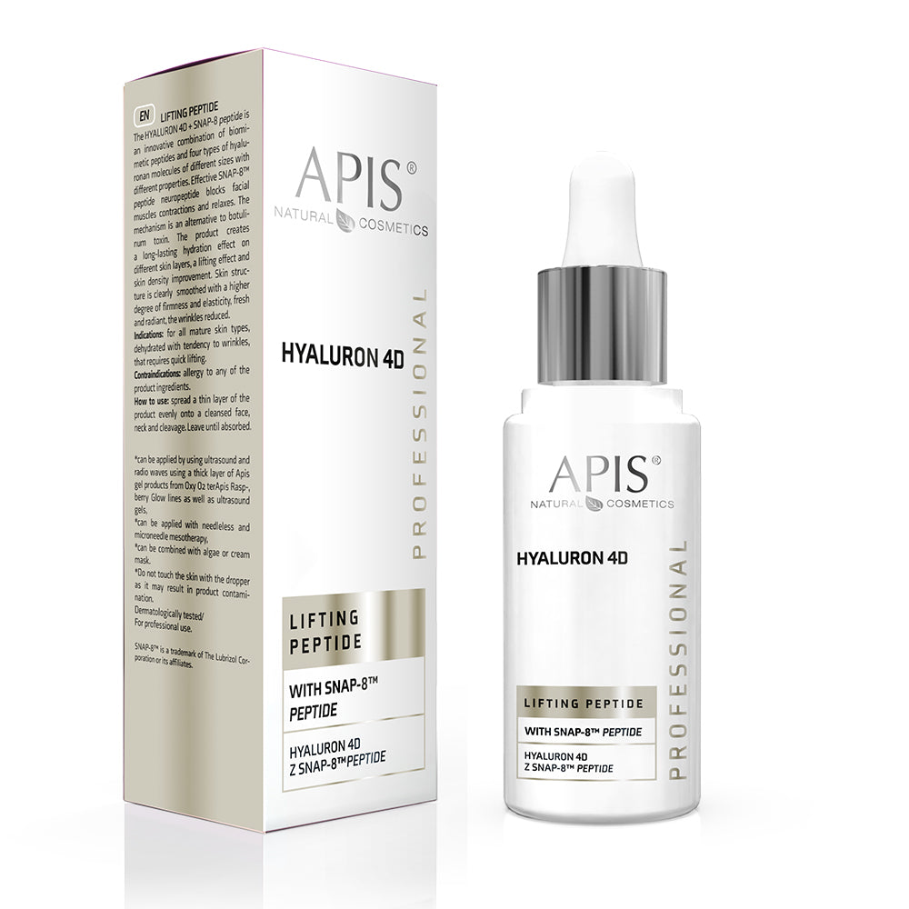 Packaging and bottle of Apis Natural Cosmetics Hyaluron 4D intensive hydration serum with SNAP-8 Peptide, indicating moisturizing properties for skin.