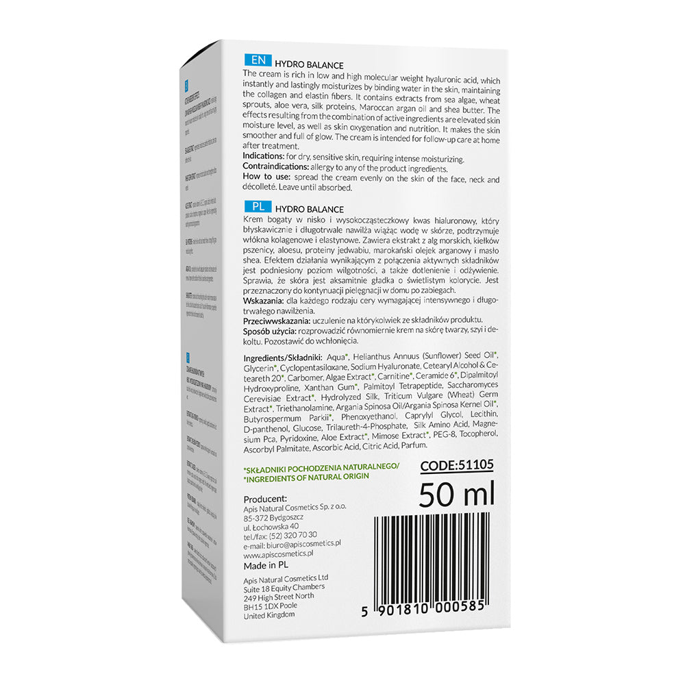 Back view of Apis Hydro Balance Moisturising Cream 50ml packaging