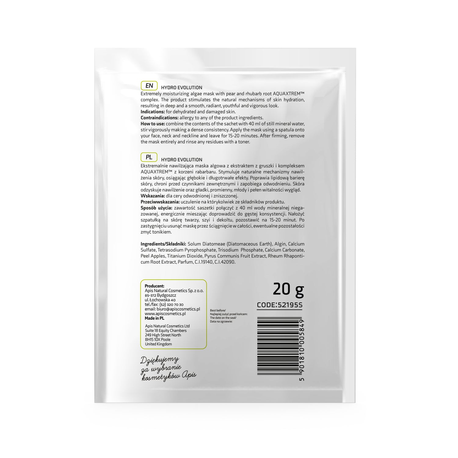 Apis Hydro Evolution Moisturising Algae Mask Pear &amp; Rhubarb | 20g