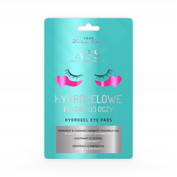 APIS hydrogel eye pads packaging with teal background and pink eye-shaped design.