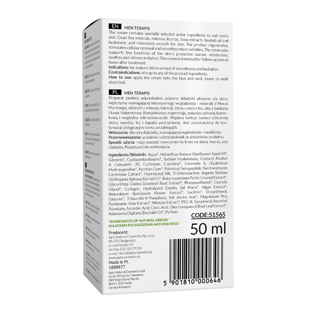 Back view of Apis Men Terapis Smoothing Cream 50ml packaging