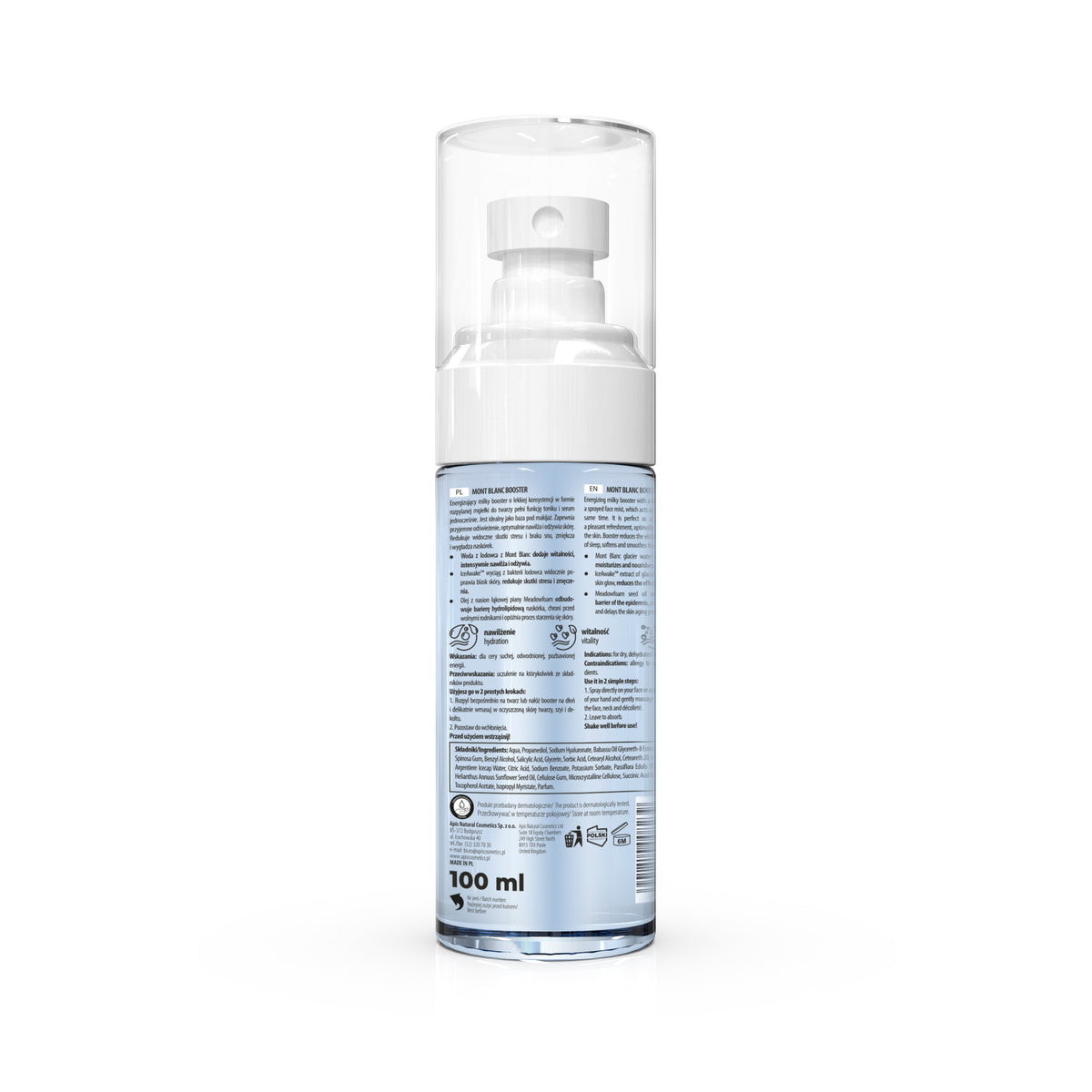 Clear spray bottle with a blue label on a white background