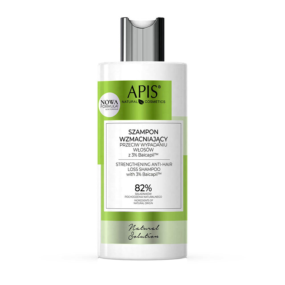 Apis Natural Cosmetics shampoo bottle with green and white label on a white background