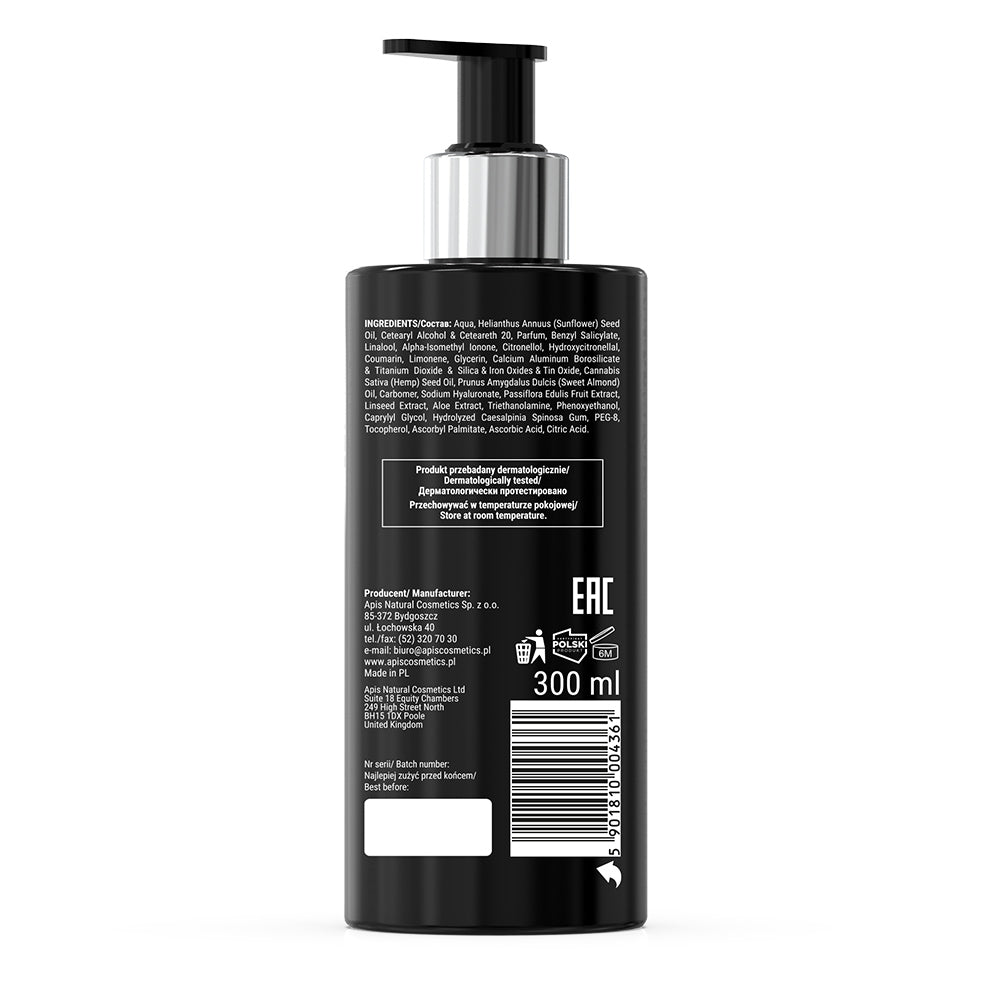 Black bottle with pump and label on a white background