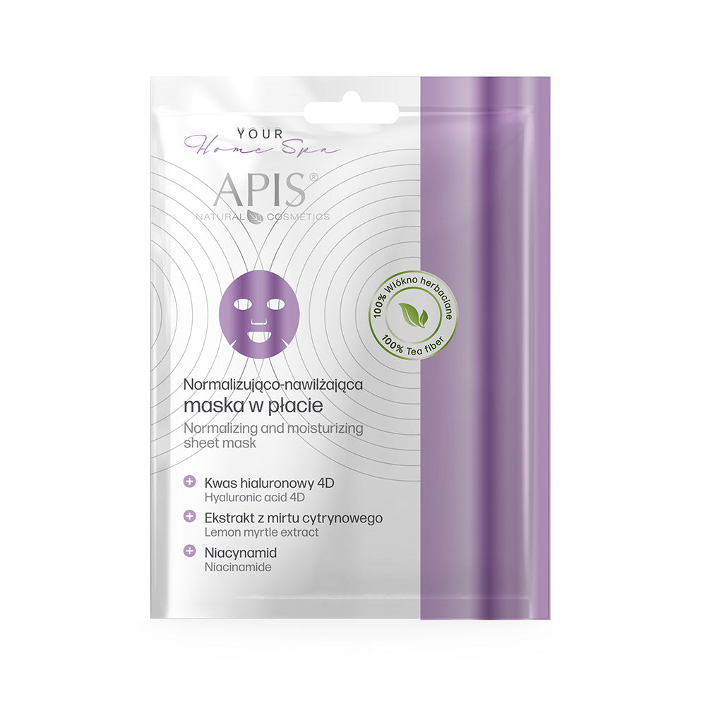 APIS Natural Cosmetics sheet mask packaging with purple and white design on a white background