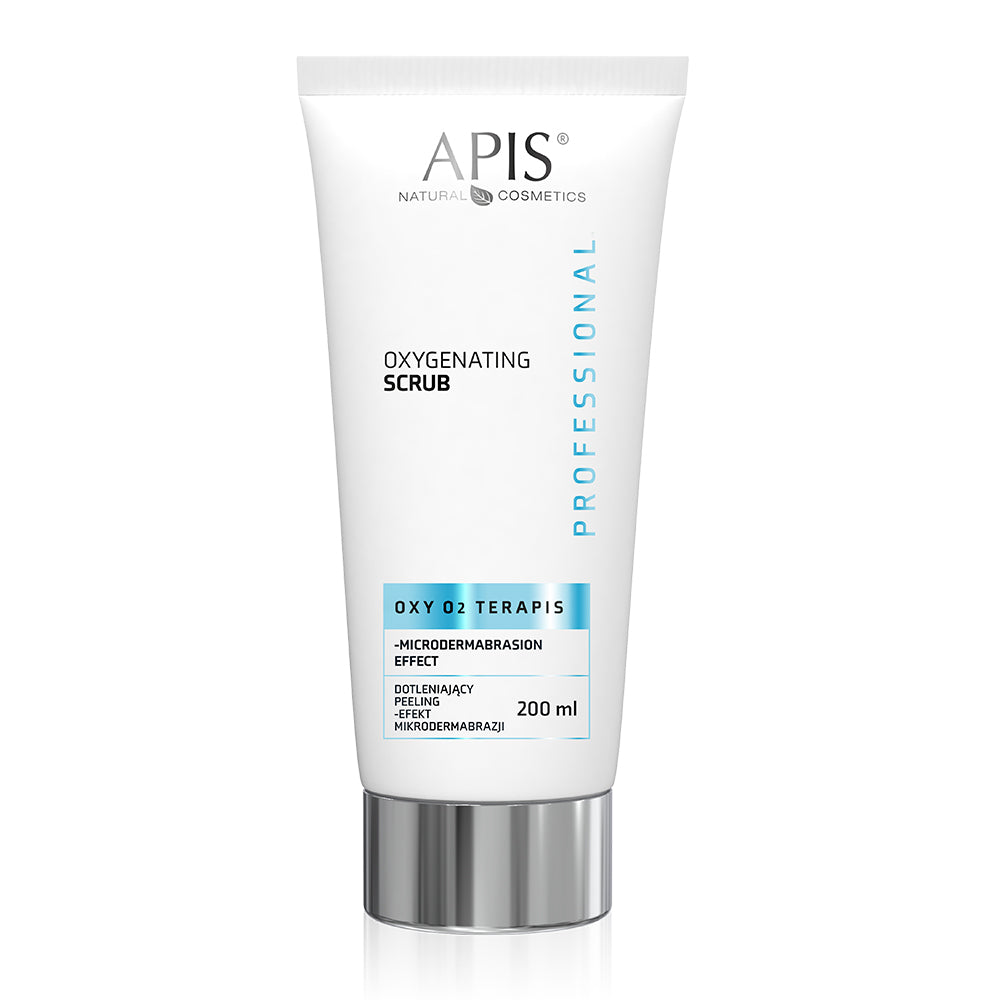A tube of Apis Natural Cosmetics natural cosmetics, Oxygenating Scrub, with a white and blue label, 200ml size.