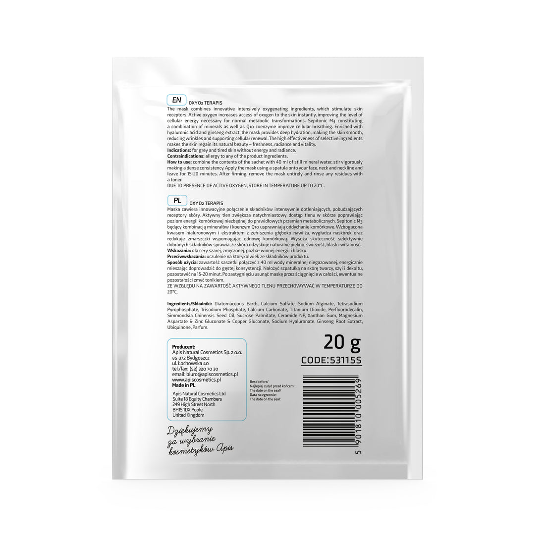 Apis Oxy O2 Oxygenating Algae Mask with Active Oxygen |  20g