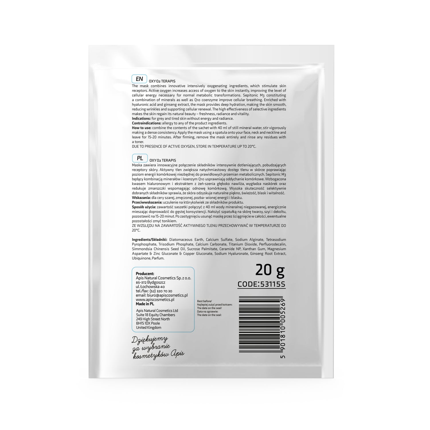 Apis Oxy O2 Oxygenating Algae Mask with Active Oxygen |  20g