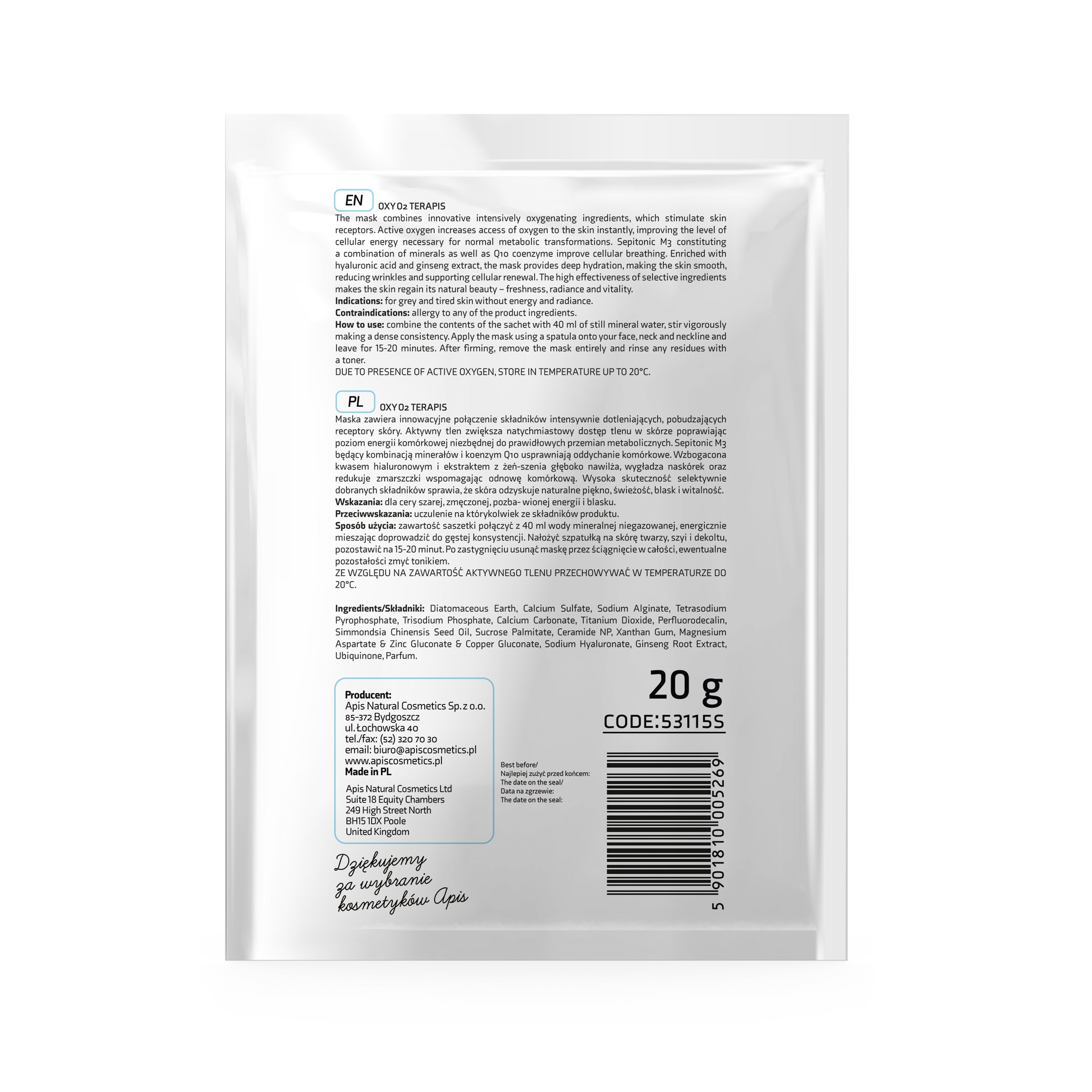 Apis Oxy O2 Oxygenating Algae Mask with Active Oxygen |  20g