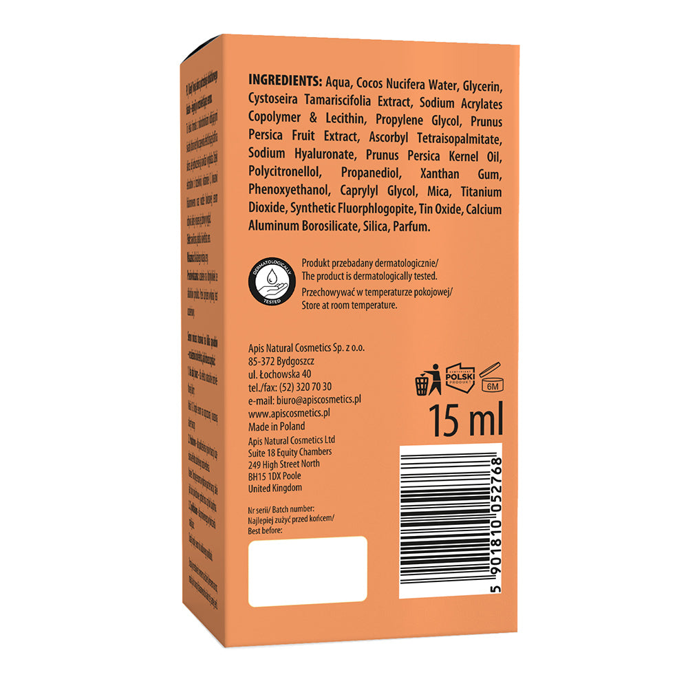 Back of an orange packaging box with ingredient list and product details on a white background