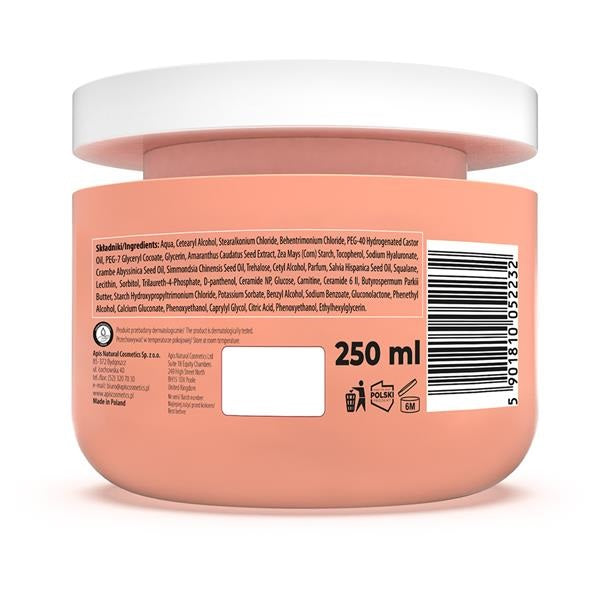 Back view of a pink jar with a label and ingredients list on a white background