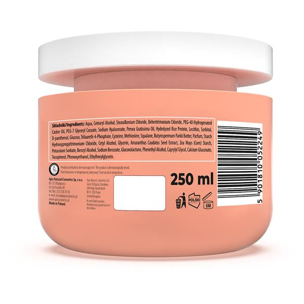 Back view of a pink jar with text and a label on a white background