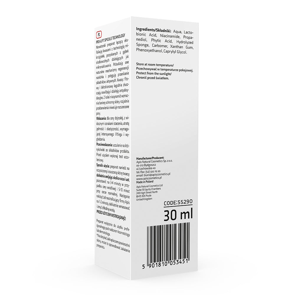 Back view of Apis Pro-Lift Acid Treatment 30ml packaging
