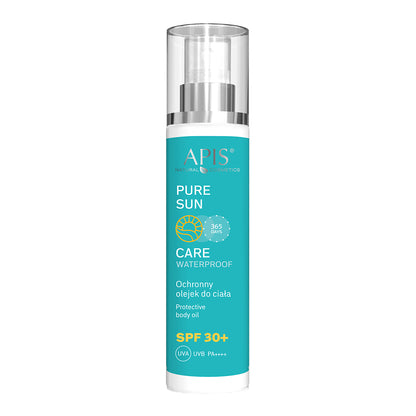 APIS Pure Sun Care Waterproof protective body oil bottle on a white background