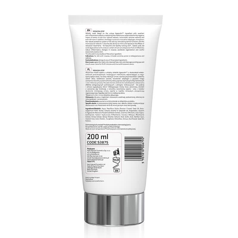 Back view of Apis Rosacea-Stop Soothing Mask 200ml tube