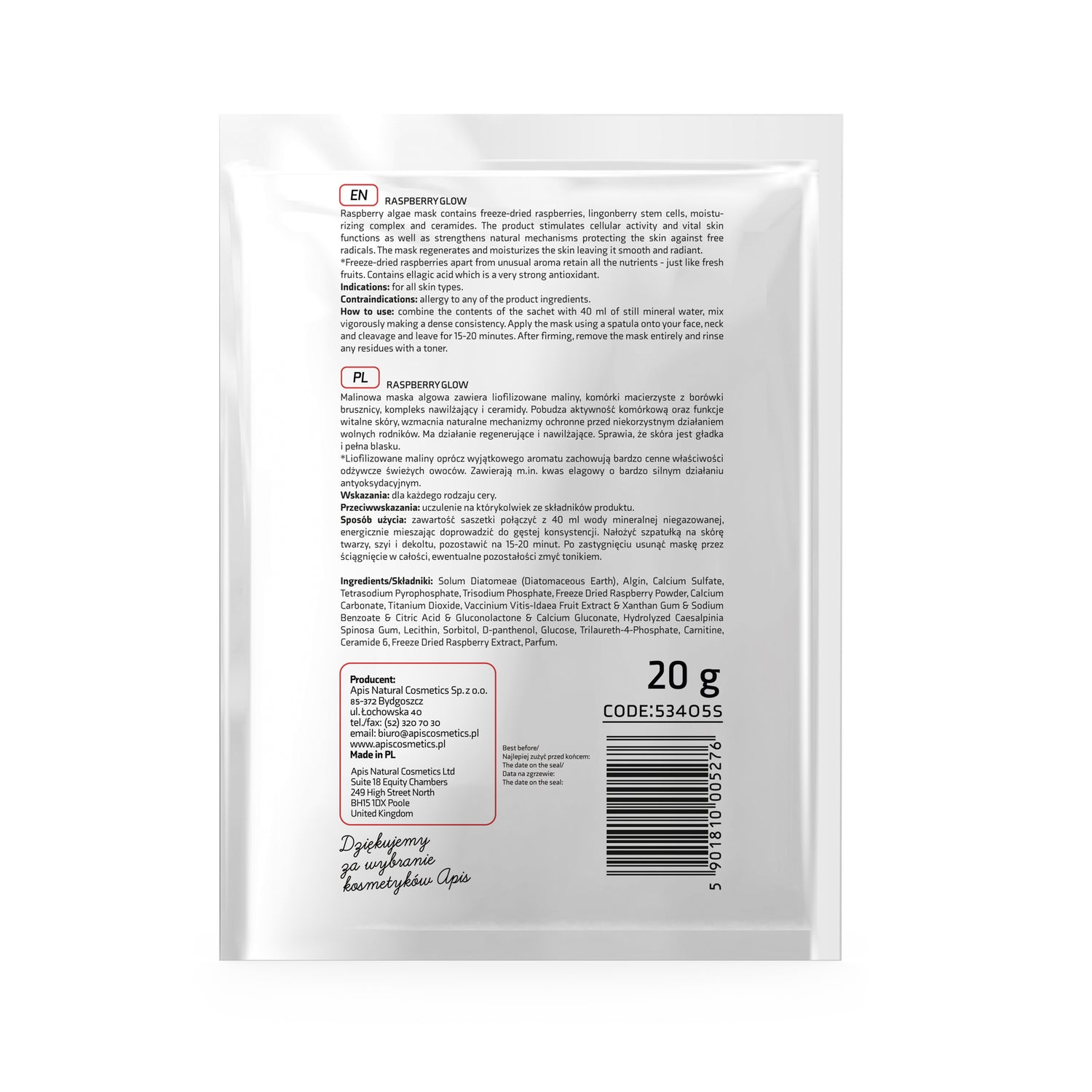 Apis Raspberry Glow Algae Mask with Freeze‑Dried Raspberries | 20 g