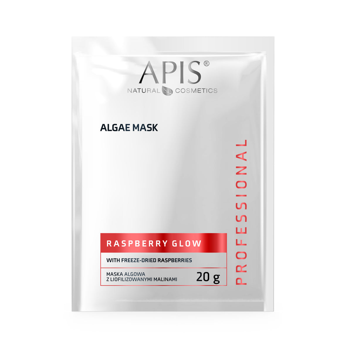Apis Natural Cosmetics algae mask packaging with raspberry flavor on a white background