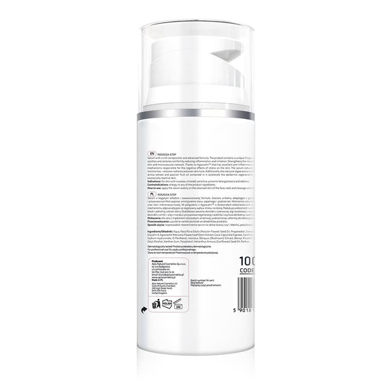 Back view of Apis Rosacea-Stop Redness-Reducing Serum 100ml bottle