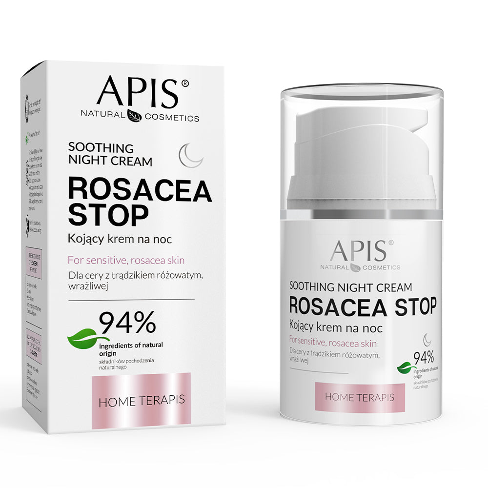 Apis Natural Cosmetics Rosacea Stop Soothing Night Cream packaging and bottle on a white background