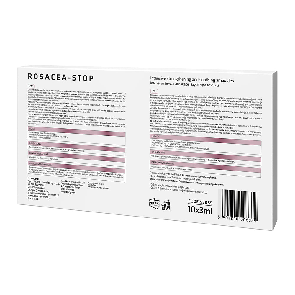 Back of a Rosacea-Stop product packaging with text and branding.