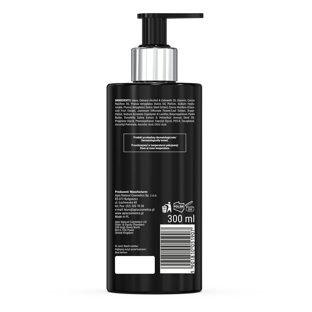 Black bottle with pump and label on a white background