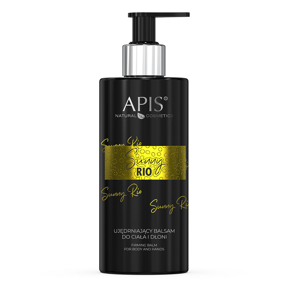 Black bottle of Apis Natural Cosmetics firming balm with a gold label on a white background