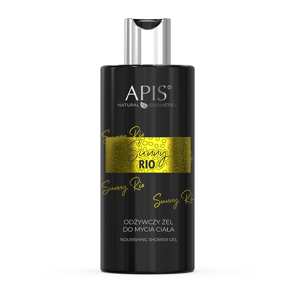 Black bottle of Apis Natural Cosmetics Sunny Rio shower gel with gold label on a white background