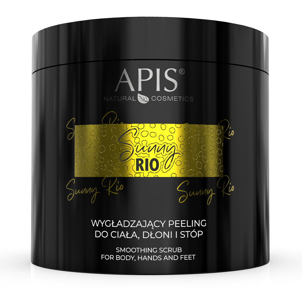 Black container of Apis Natural Cosmetics Sunny Rio smoothing scrub with gold label on a white background