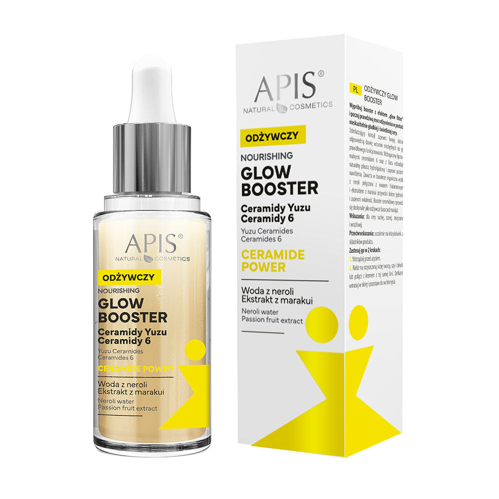 Apis Natural Cosmetics Nourishing Glow Booster skincare product and packaging on a white background