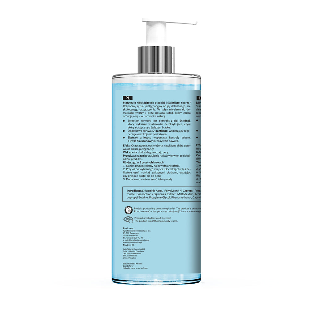 Back view of Apis Moisturising Micellar Water 500ml bottle