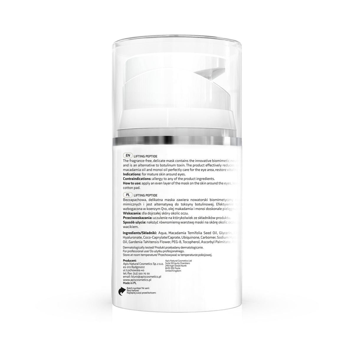Back view of Apis Lifting Peptide Eye Mask 50ml packaging