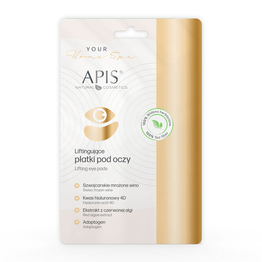 Apis Natural Cosmetics eye pads packaging with gold and white design on a white background
