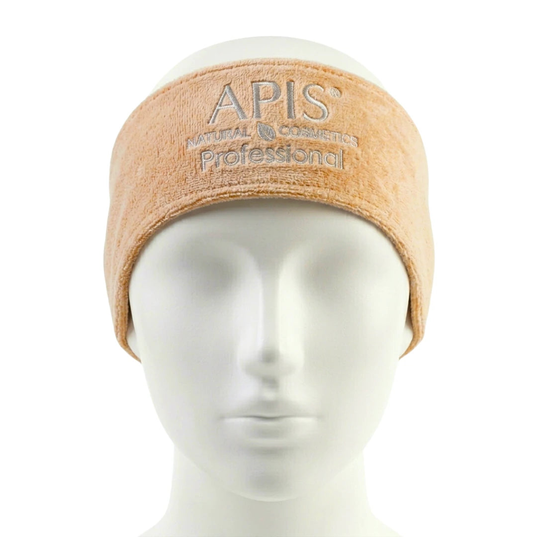 Apis beige velour cosmetic headband with logo on a white background