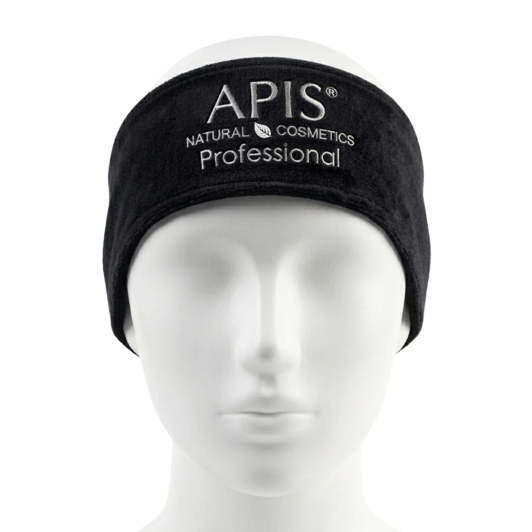 Apis black velour cosmetic headband with logo on a white background
