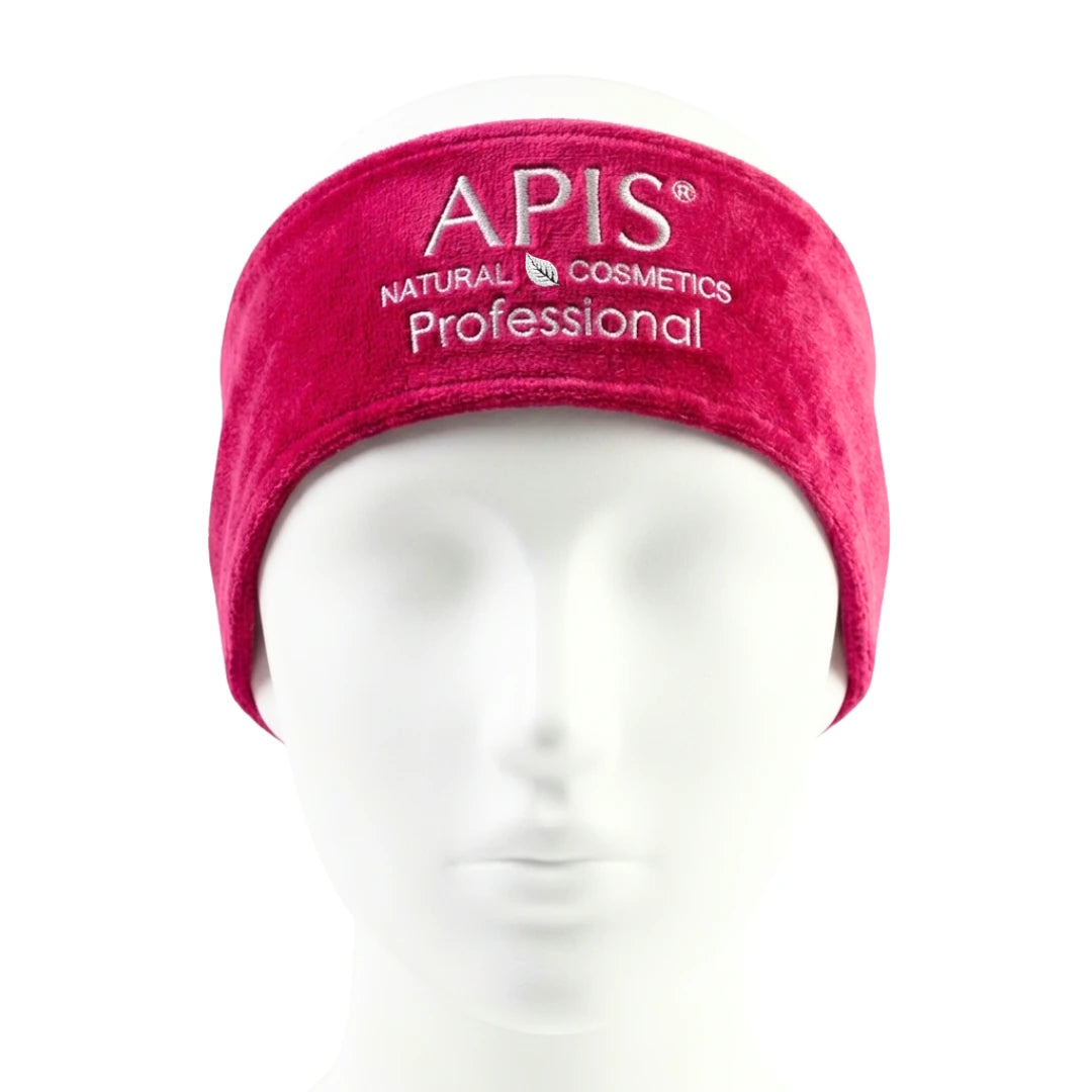 Apis fuchsia velour cosmetic headband with logo on a white background
