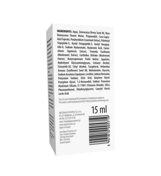 Apis PDRN Ocean Lift Firming &amp; Smoothing Eye Cream 15 ml, back of carton showing ingredients and barcode