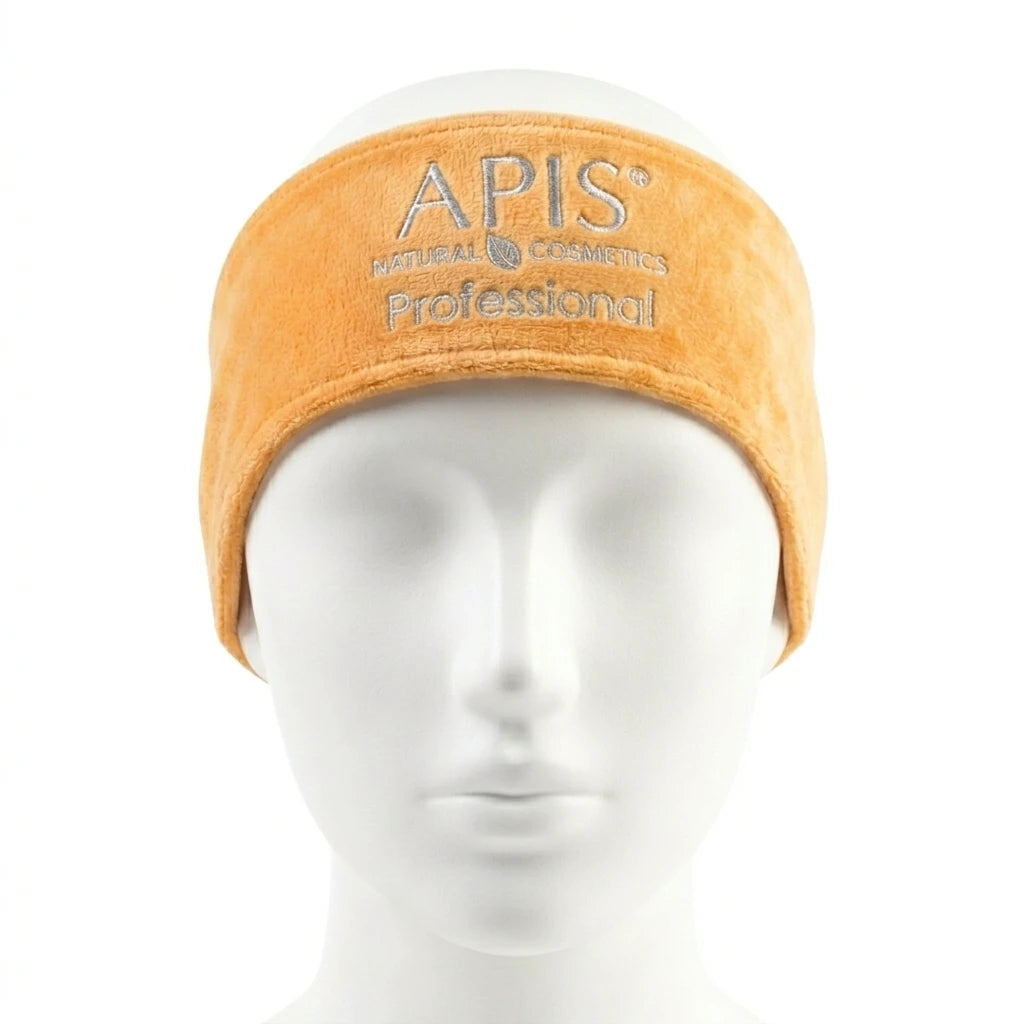 Apis peach velour cosmetic headband with logo on a white background