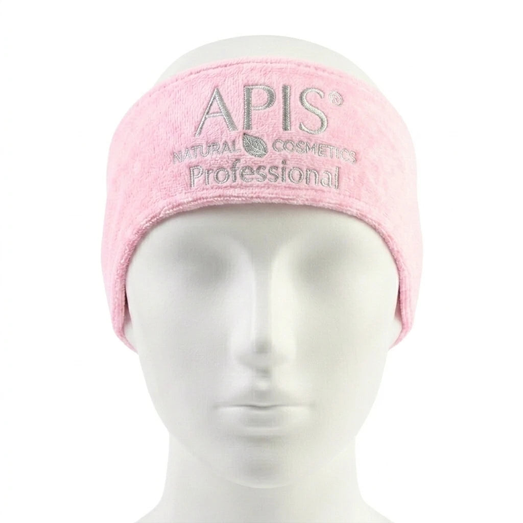 Apis pink velour cosmetic headband with logo on a white background